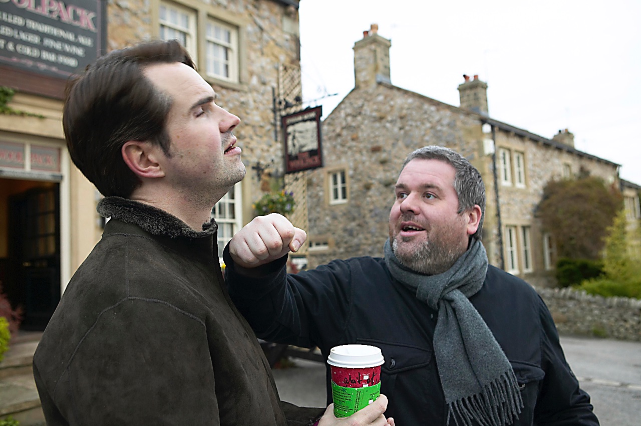 Chris Moyles & Jimmy Carr - Punch up outside the Woolpack on the set of Emmerdale.